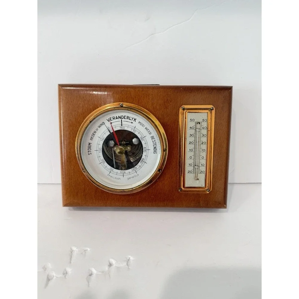 Vintage Dutch German Weather Station Barometer Aneroid 1950s Wall Hanging Wood